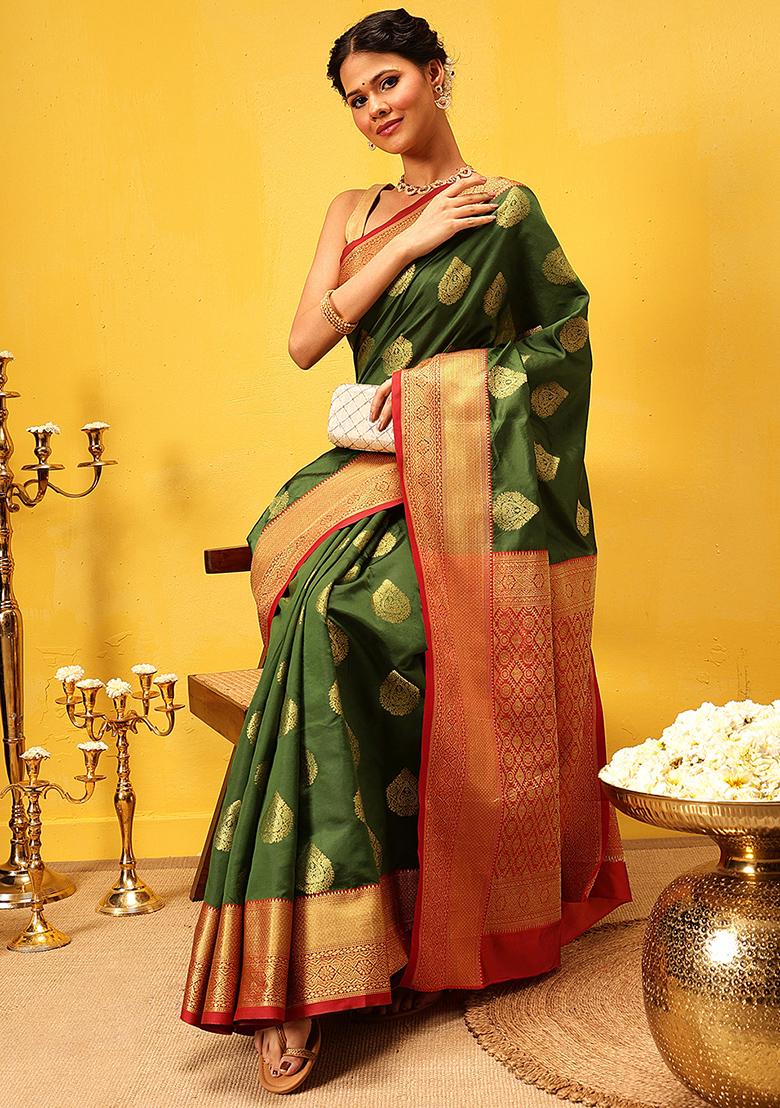 Green Embroidered Kanjivaram Silk Saree Set