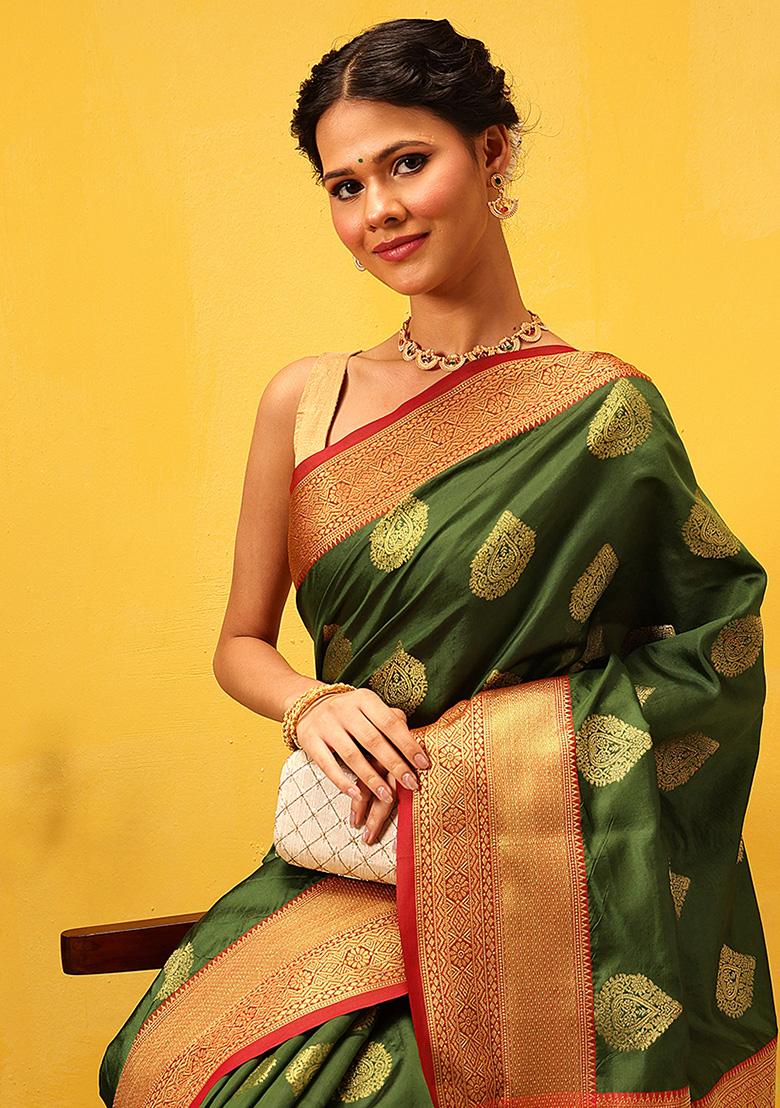 Green Embroidered Kanjivaram Silk Saree Set