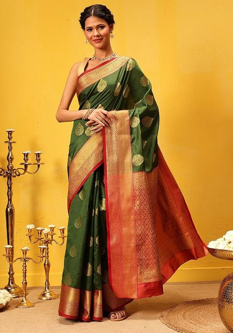 Green Embroidered Kanjivaram Silk Saree Set