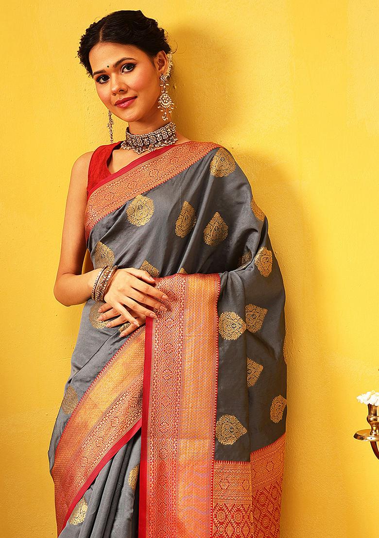Grey Embroidered Kanjivaram Silk Saree Set