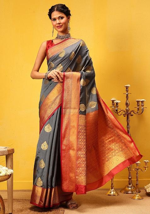 Grey Embroidered Kanjivaram Silk Saree Set