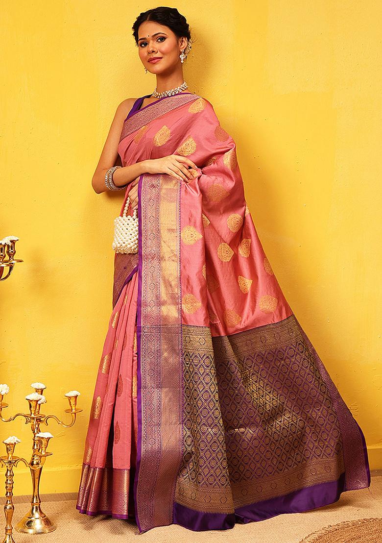 Pink Embroidered Kanjivaram Silk Saree Set