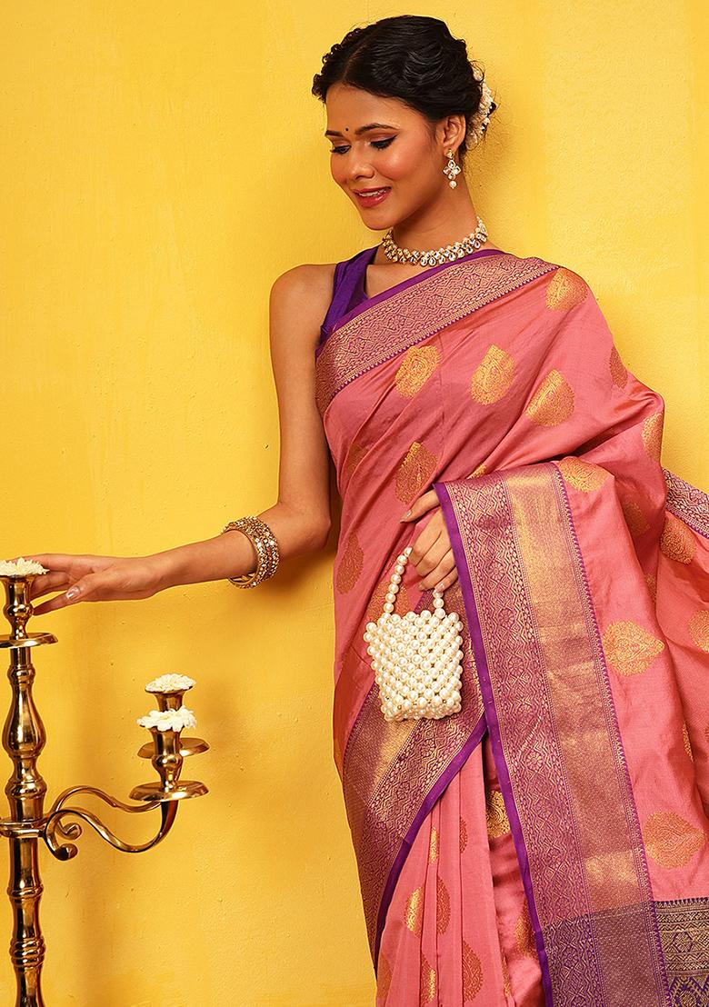 Pink Embroidered Kanjivaram Silk Saree Set
