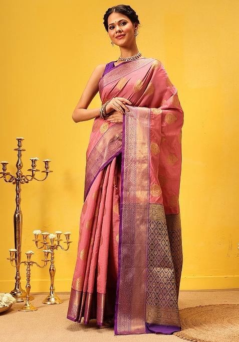 Pink Embroidered Kanjivaram Silk Saree Set