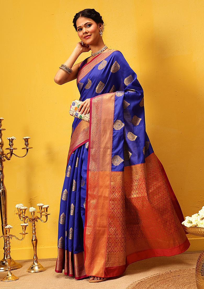 Blue Embroidered Kanjivaram Silk Saree Set