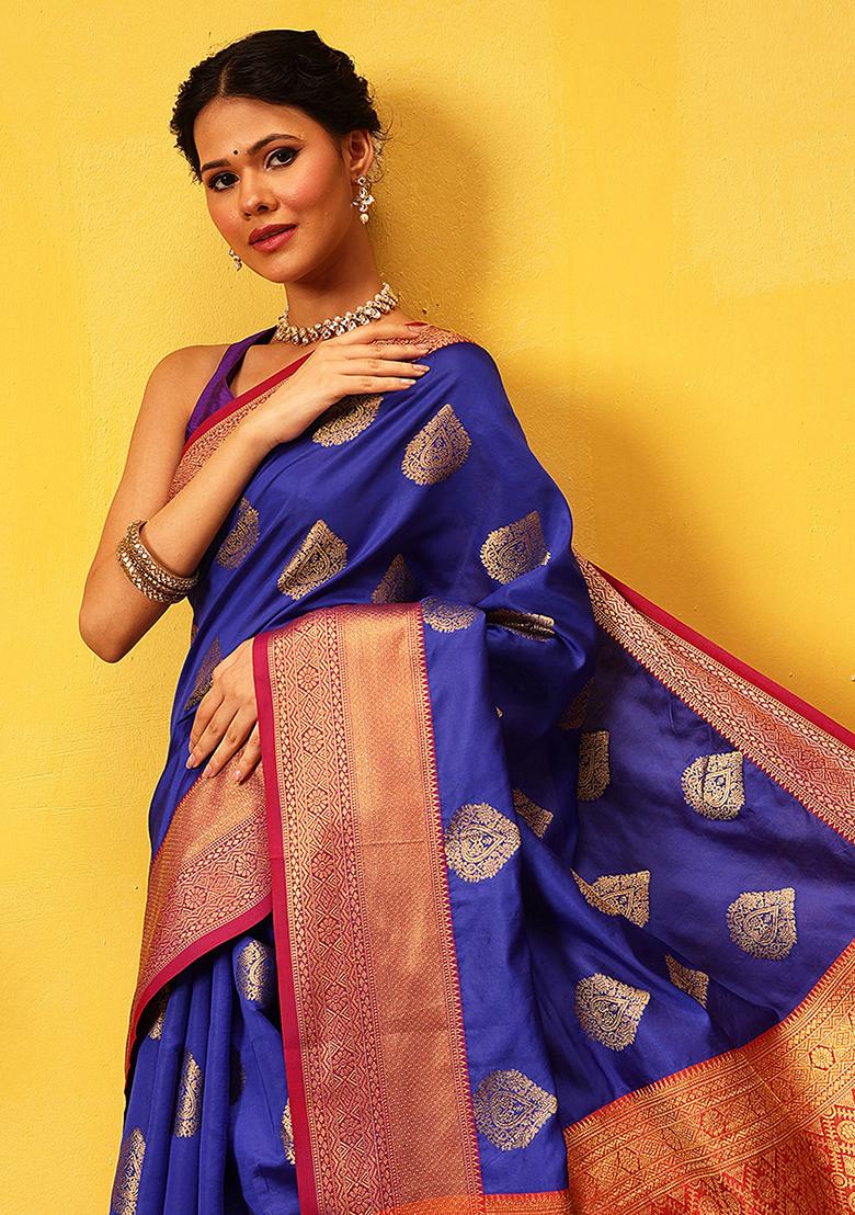Blue Embroidered Kanjivaram Silk Saree Set