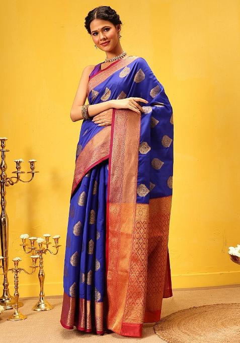 Blue Embroidered Kanjivaram Silk Saree Set