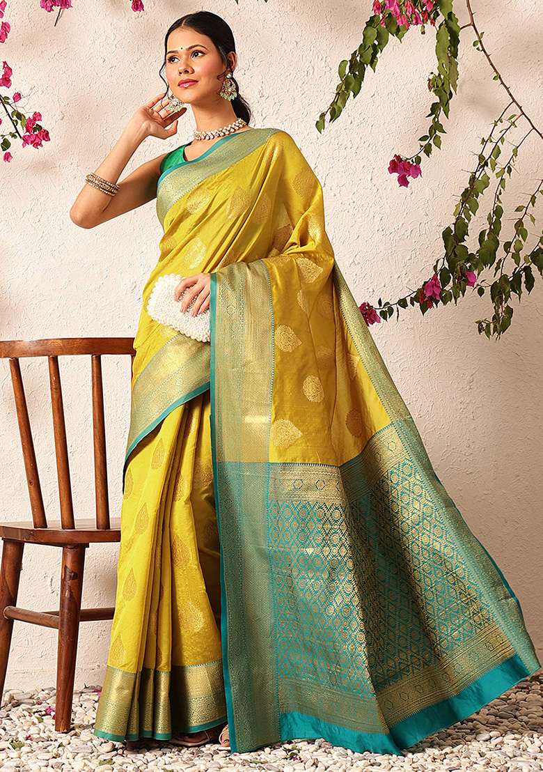 Yellow Embroidered Kanjivaram Silk Saree Set - Indya