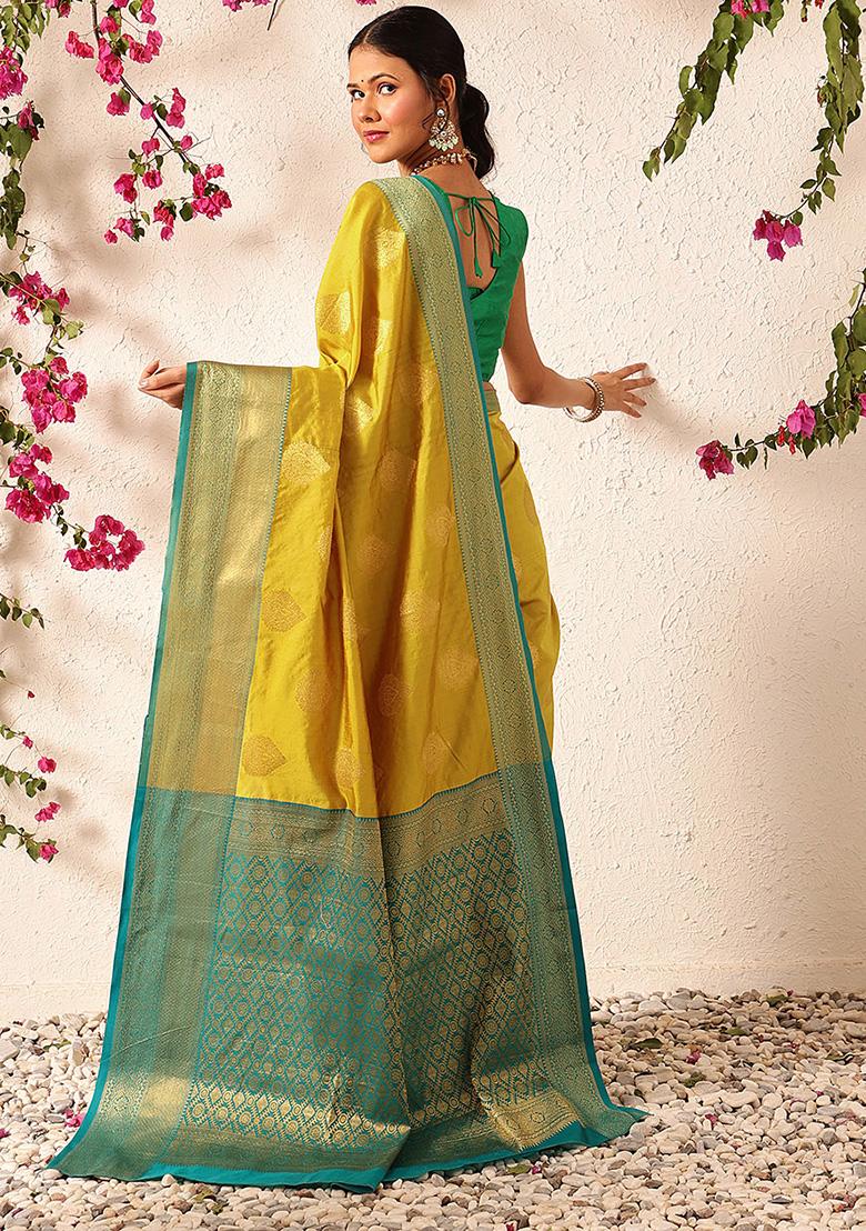 Yellow Embroidered Kanjivaram Silk Saree Set