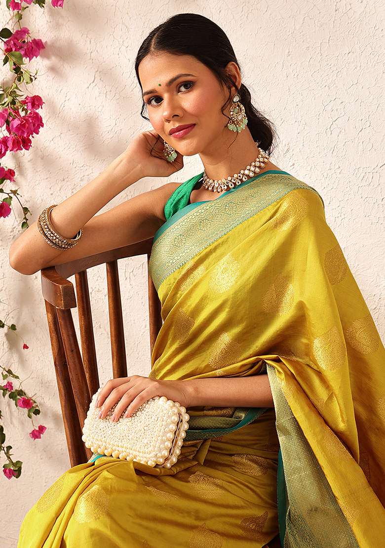 Yellow Embroidered Kanjivaram Silk Saree Set - Indya