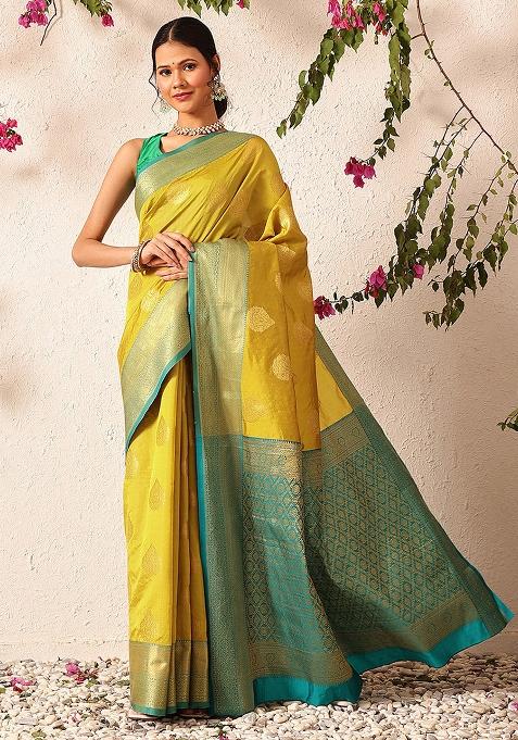 Yellow Embroidered Kanjivaram Silk Saree Set