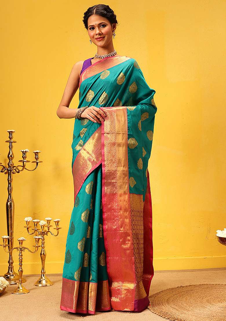 Teal Blue Embroidered Kanjivaram Silk Saree Set - Indya