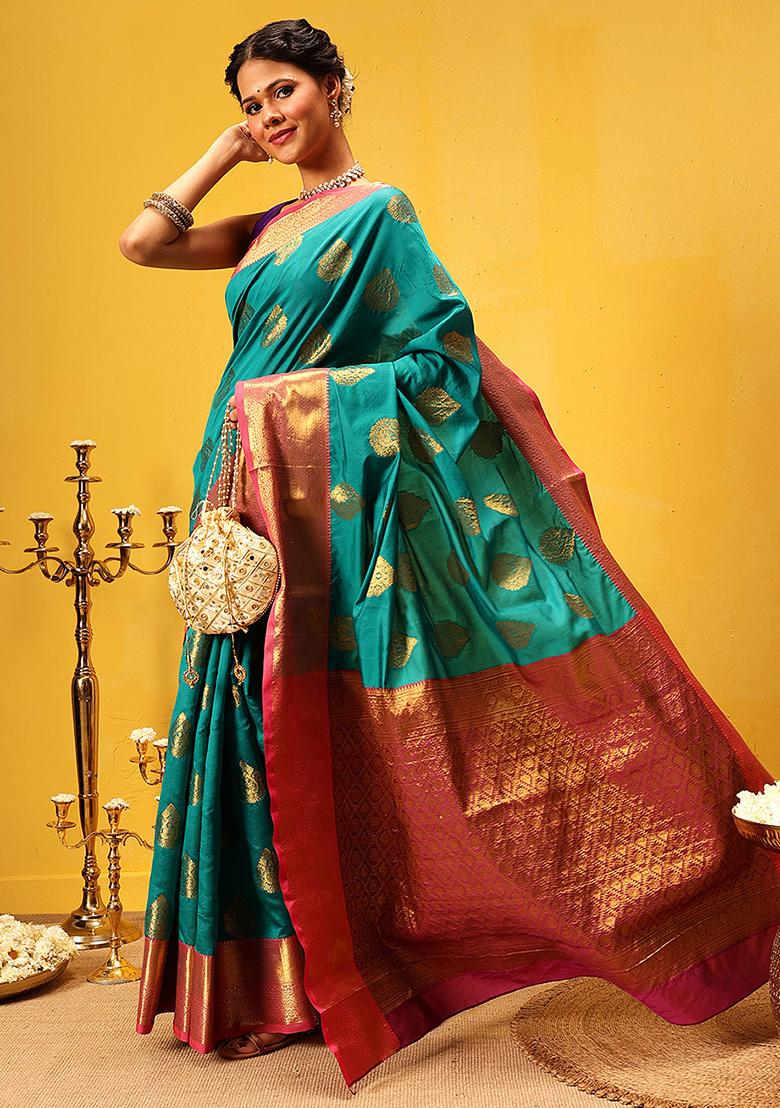 Teal Blue Embroidered Kanjivaram Silk Saree Set