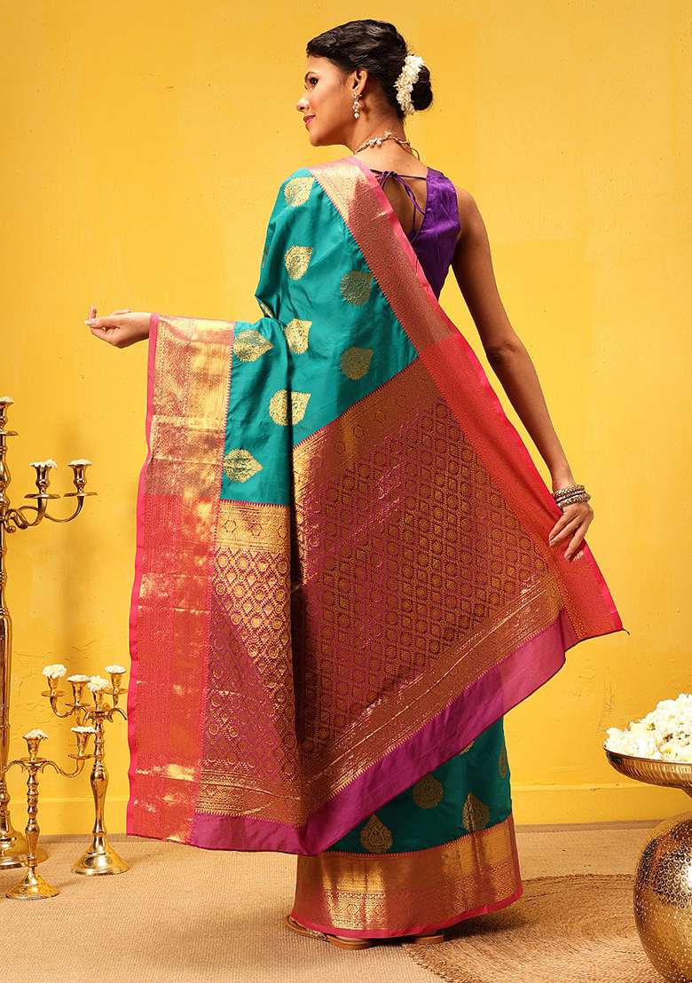 Teal Blue Embroidered Kanjivaram Silk Saree Set - Indya