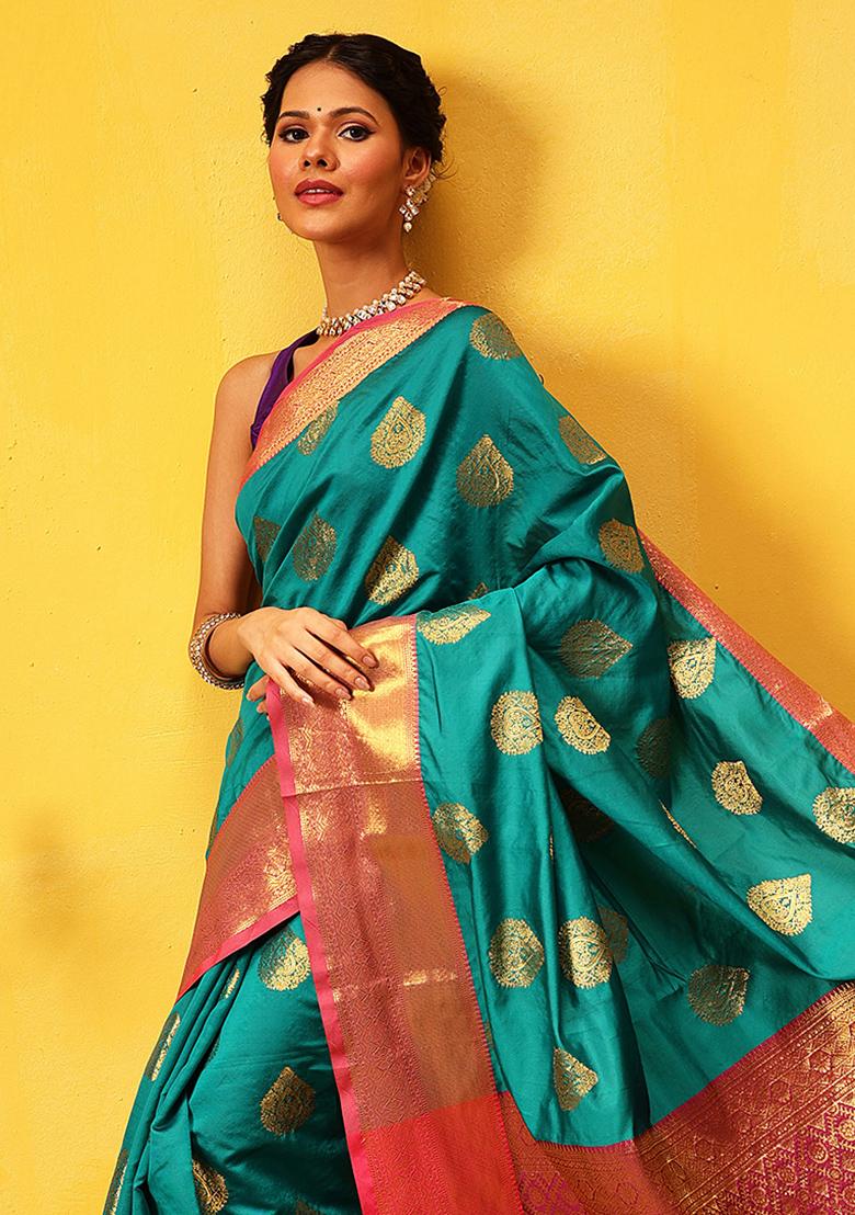 Teal Blue Embroidered Kanjivaram Silk Saree Set