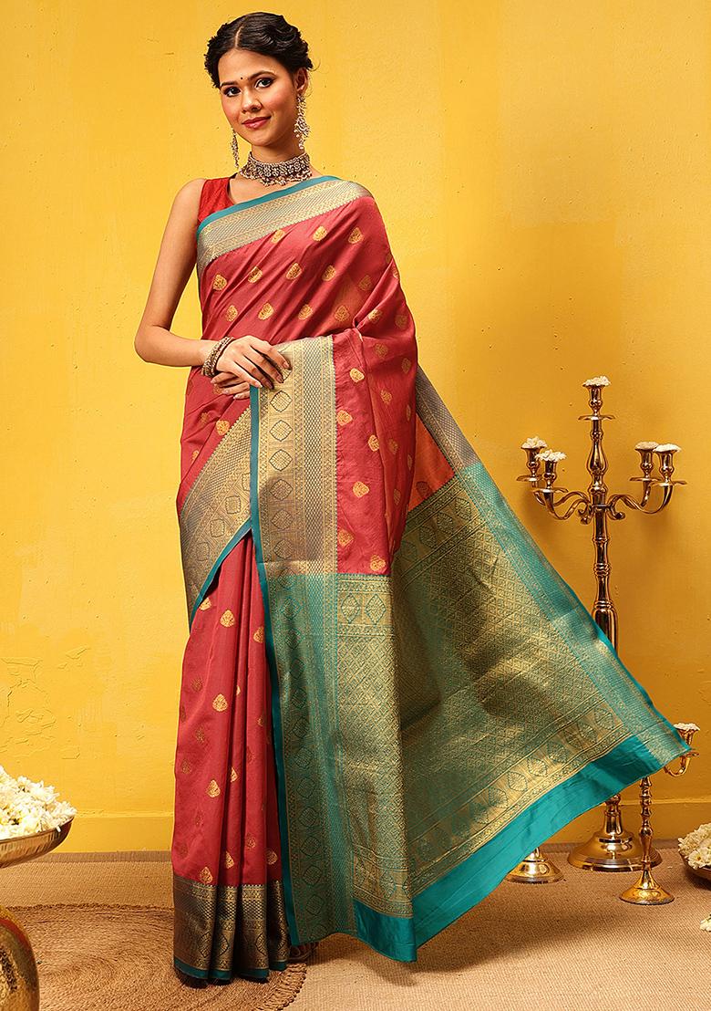 Red Embroidered Kanjivaram Silk Saree Set
