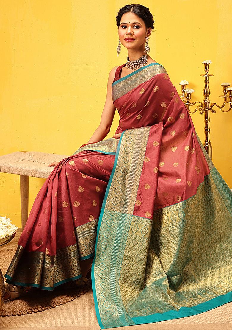 Red Embroidered Kanjivaram Silk Saree Set