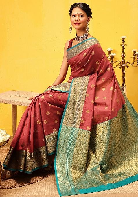 Red Embroidered Kanjivaram Silk Saree Set
