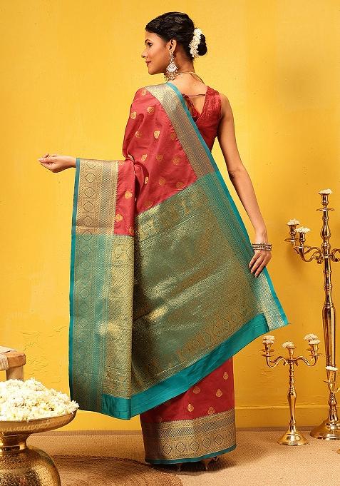 Red Embroidered Kanjivaram Silk Saree Set