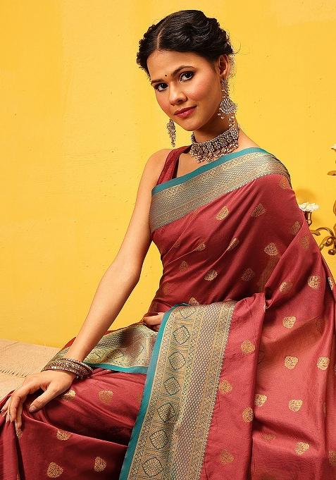 Red Embroidered Kanjivaram Silk Saree Set