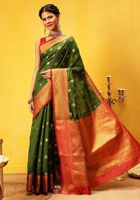 Green Embroidered Kanjivaram Silk Saree Set