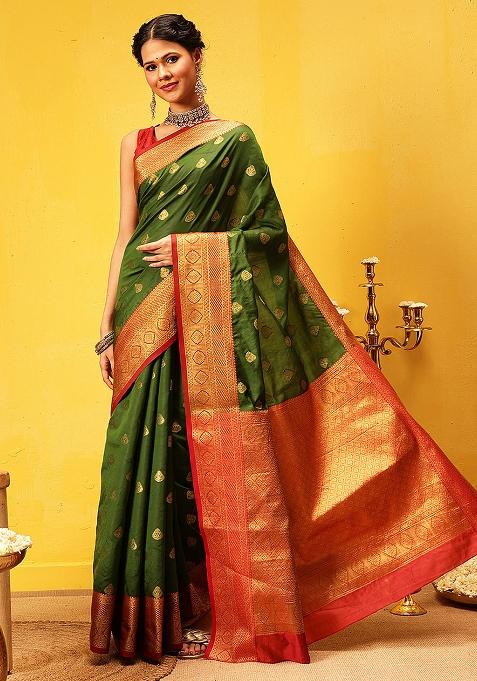 Green Embroidered Kanjivaram Silk Saree Set