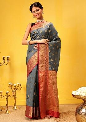 Grey Embroidered Kanjivaram Silk Saree Set