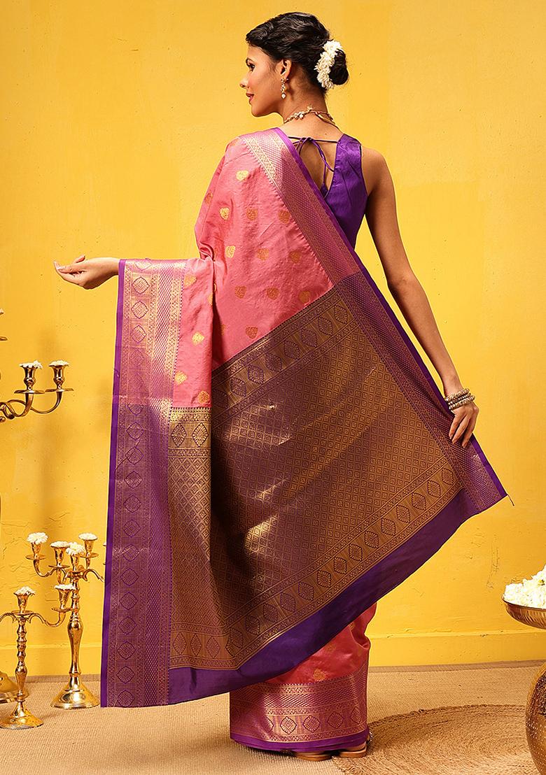 Pink Embroidered Kanjivaram Silk Saree Set