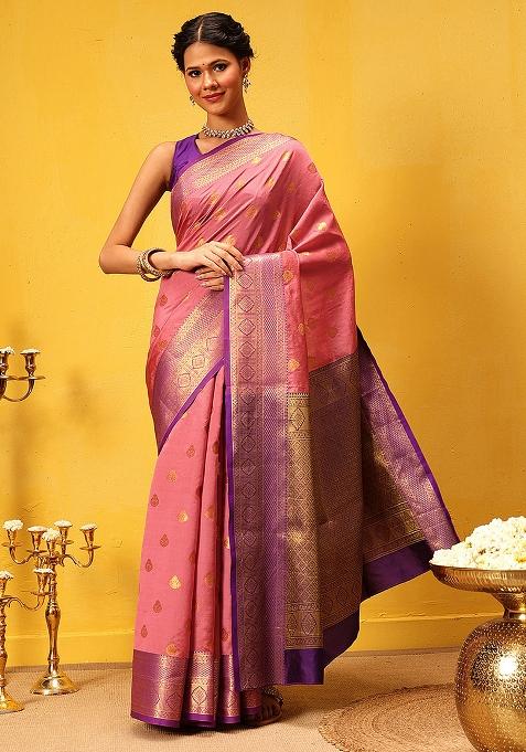 Pink Embroidered Kanjivaram Silk Saree Set