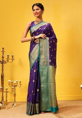 Blue Embroidered Kanjivaram Silk Saree Set