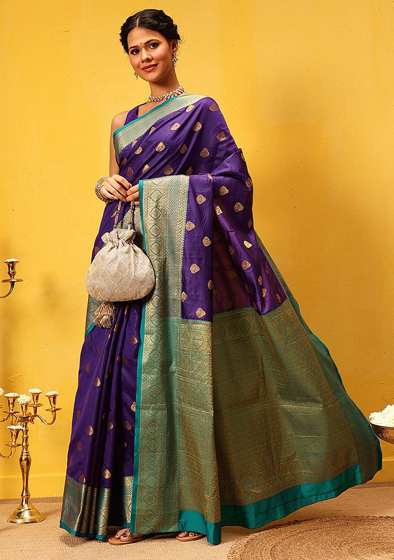 Blue Embroidered Kanjivaram Silk Saree Set