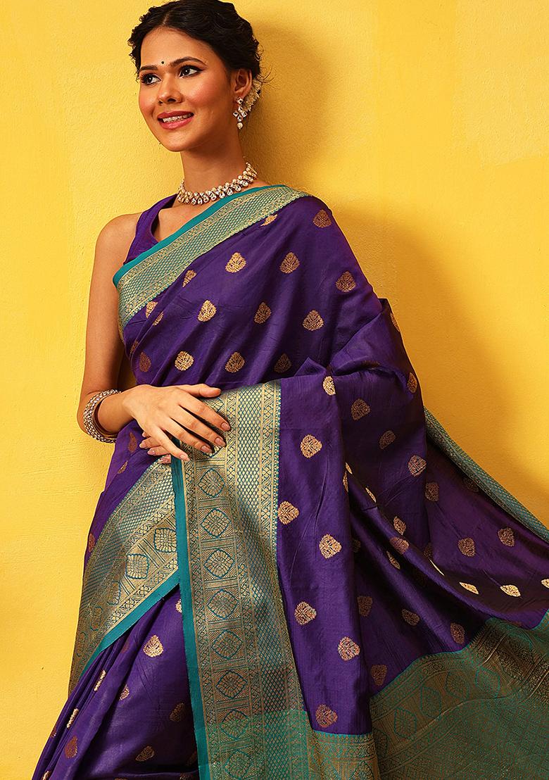 Blue Embroidered Kanjivaram Silk Saree Set