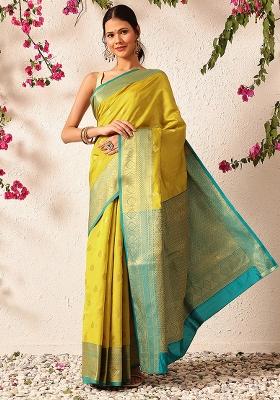 Yellow Embroidered Kanjivaram Silk Saree Set