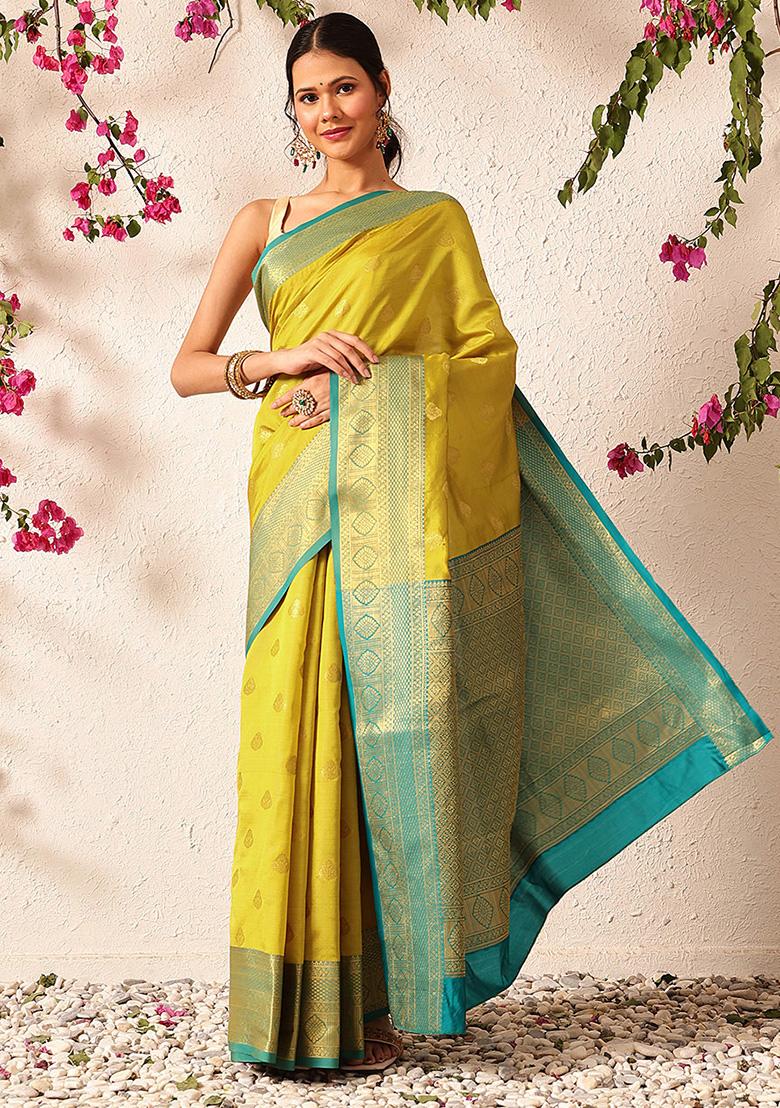 Yellow Embroidered Kanjivaram Silk Saree Set