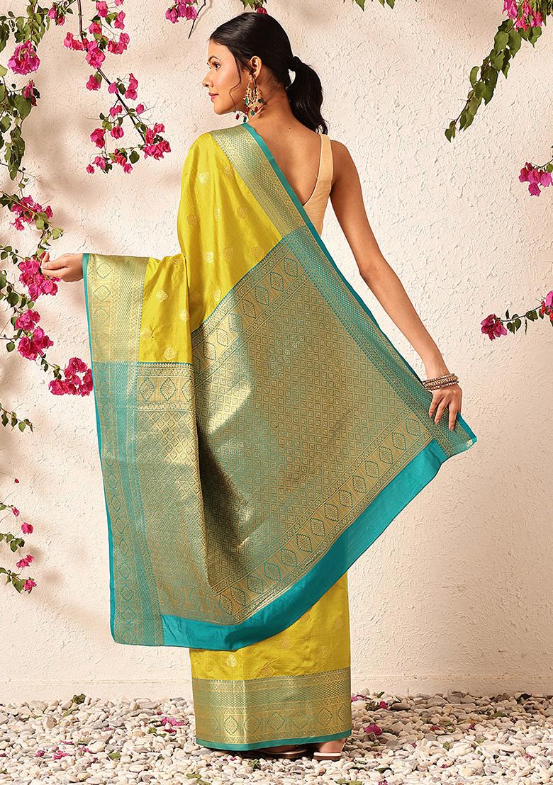 Yellow Embroidered Kanjivaram Silk Saree Set