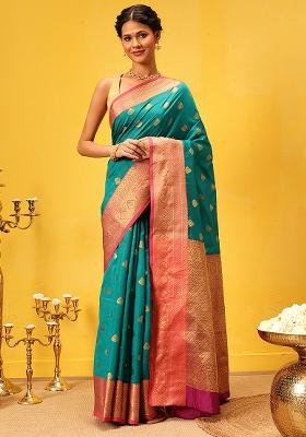 Teal Blue Embroidered Kanjivaram Silk Saree Set