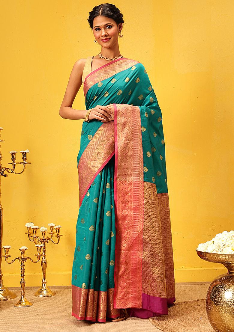Teal Blue Embroidered Kanjivaram Silk Saree Set