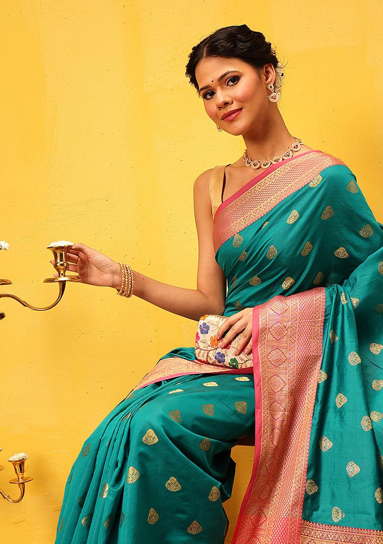 Teal Blue Embroidered Kanjivaram Silk Saree Set