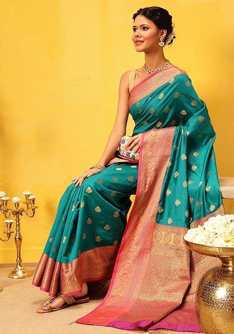 Teal Blue Embroidered Kanjivaram Silk Saree Set