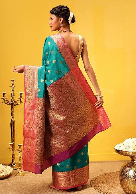 Teal Blue Embroidered Kanjivaram Silk Saree Set