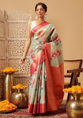 Olive Embroidered Tissue Silk Saree Set