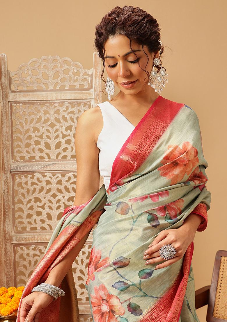 Olive Embroidered Tissue Silk Saree Set