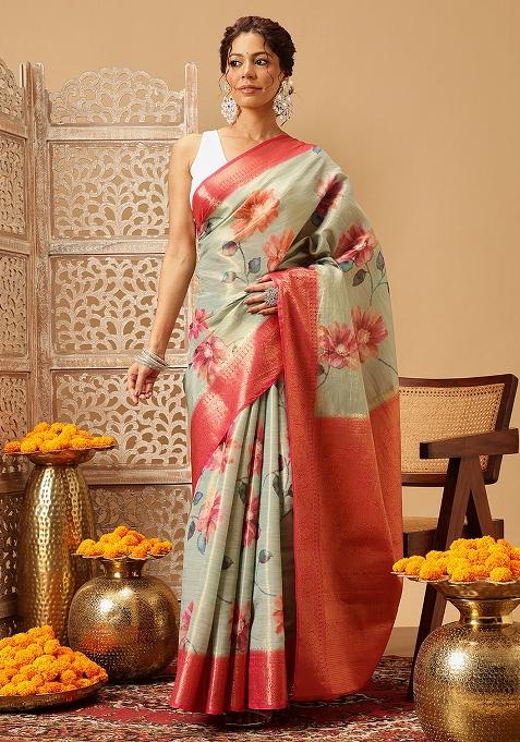 Olive Embroidered Tissue Silk Saree Set