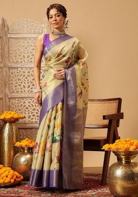 Beige Embroidered Tissue Silk Saree Set