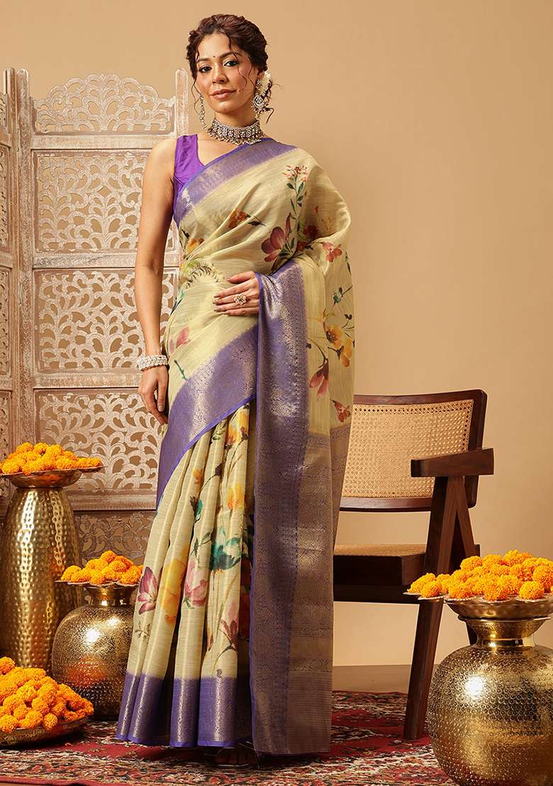 Beige Embroidered Tissue Silk Saree Set - Indya