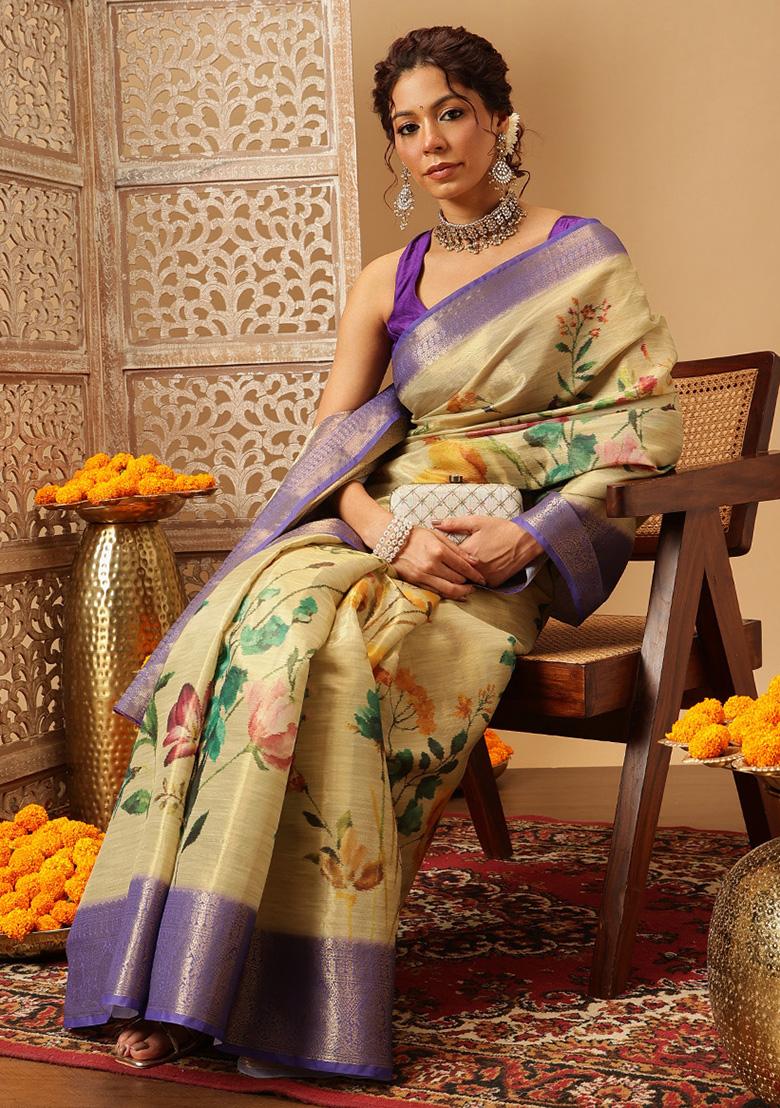 Beige Embroidered Tissue Silk Saree Set