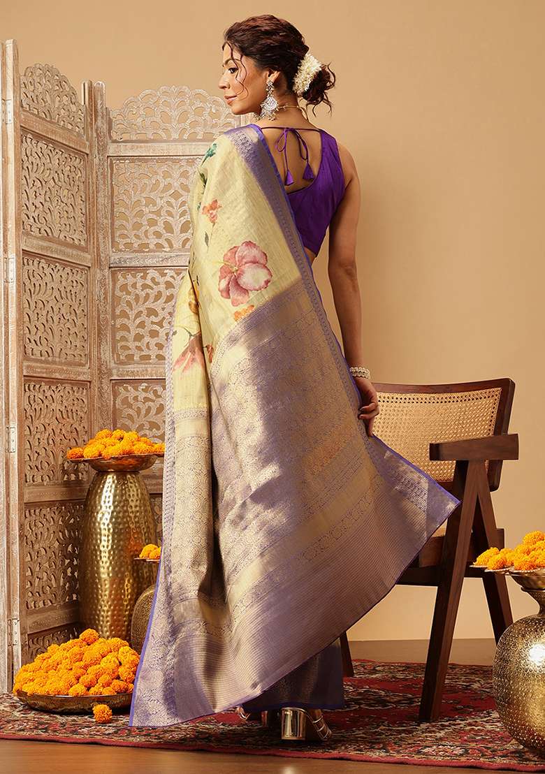 Beige Embroidered Tissue Silk Saree Set - Indya