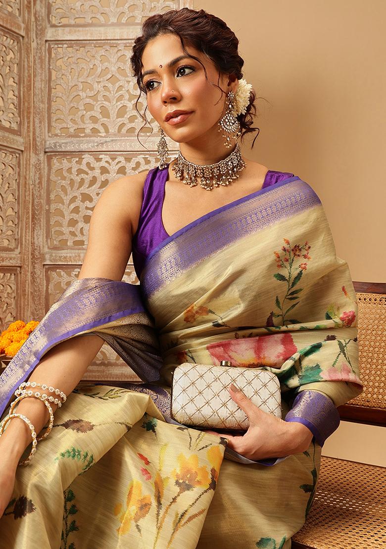 Beige Embroidered Tissue Silk Saree Set