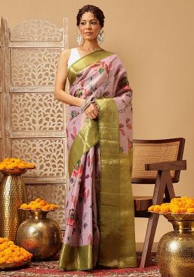 Lavender Embroidered Tissue Silk Saree Set