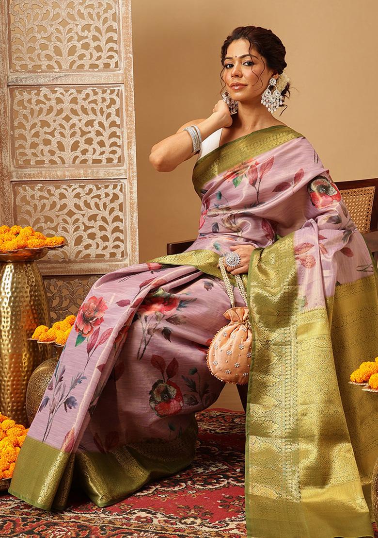 Lavender Embroidered Tissue Silk Saree Set